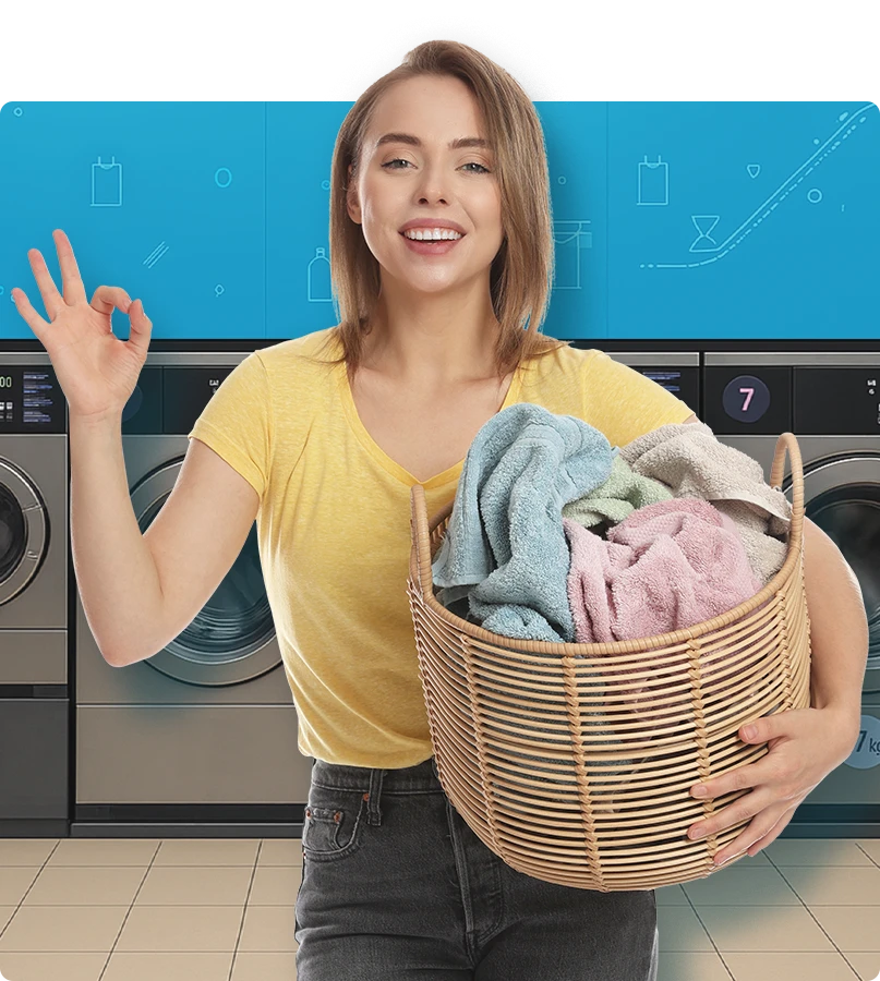 Customer finishing wash and dry in 45 minutes at a self service laundry in Croatia